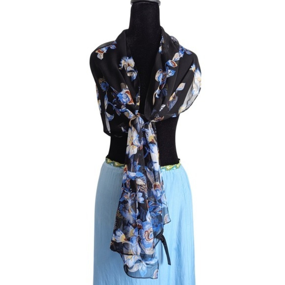 WHBM Whimsigoth Boho Dark Bloom Botanicals Silk Rolled Hem Sheer Scarf